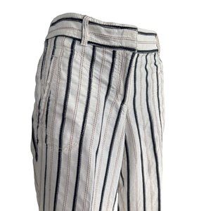 LOFT Linen Blend Pants White with Navy Stripes and Tan Stitching Size 6
